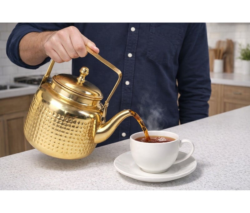 Royal Premium Stainless Steel Dotted Gold Kettle – 1 Liter | Elegant 16x12 cm Tea & Coffee Pot - Image 2